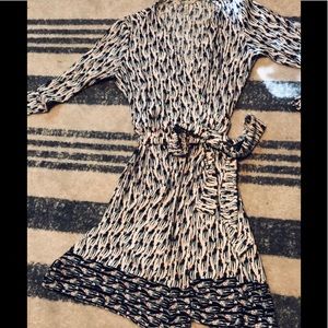 Navy, white, and coral giraffe wrap dress